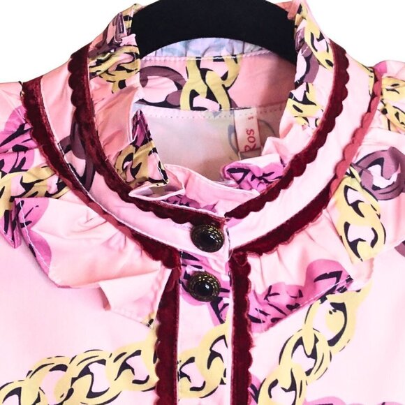 LA'ROS COLLECTIONS RUFFLED PINK & BURGUNDY RUCHED SLEEVE BLOUSE - SIZE S - Picture 6 of 8